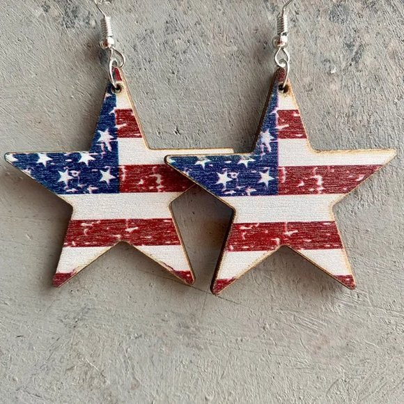 American Flag, Star Drop Wood Earrings - 4th of July, USA, American,‎ Summer - Picture 1 of 1